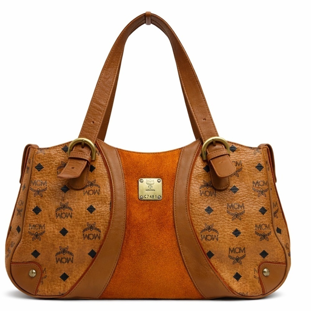 MCM Cognac Visetos Coated Canvas Leather Trim Tote Shoulder Bag